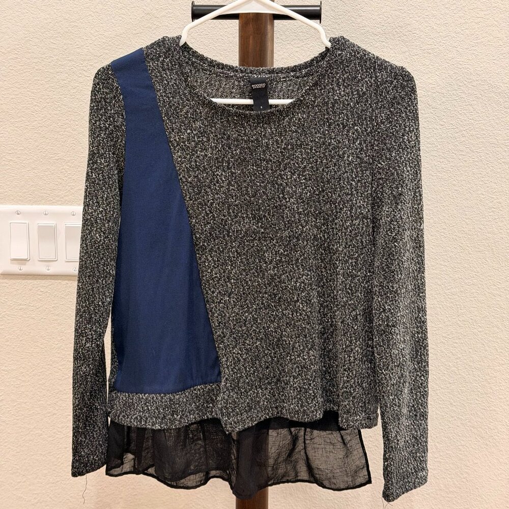 ROCOCO Textured Knit Top with Sheer Hem & Asymmetric Navy Panel – Size S